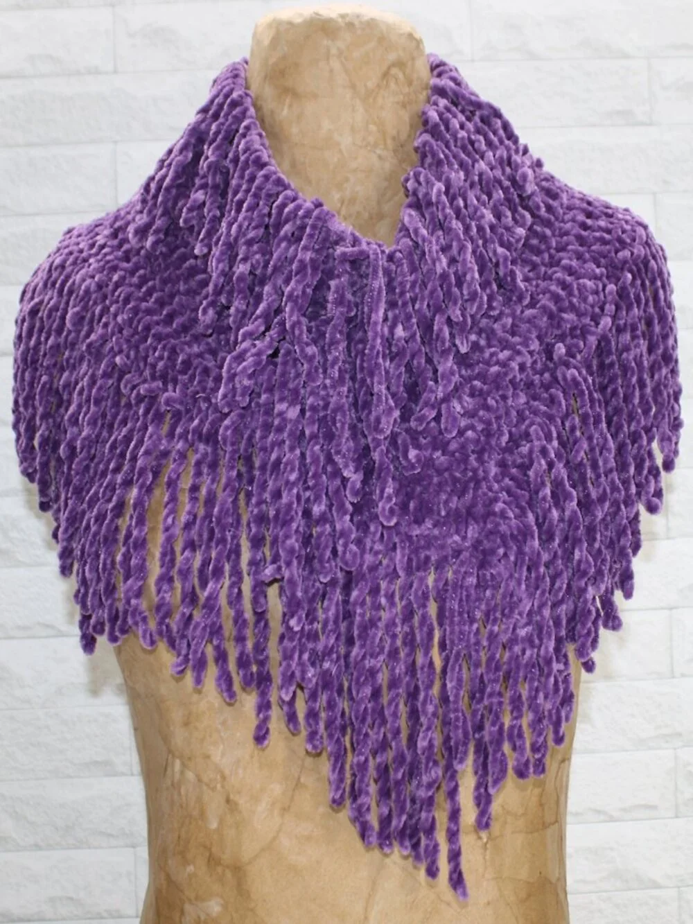 HAND CRAFTED Scarf Infinity Shawl Chenille Turtleneck Fringe Oversized Purple